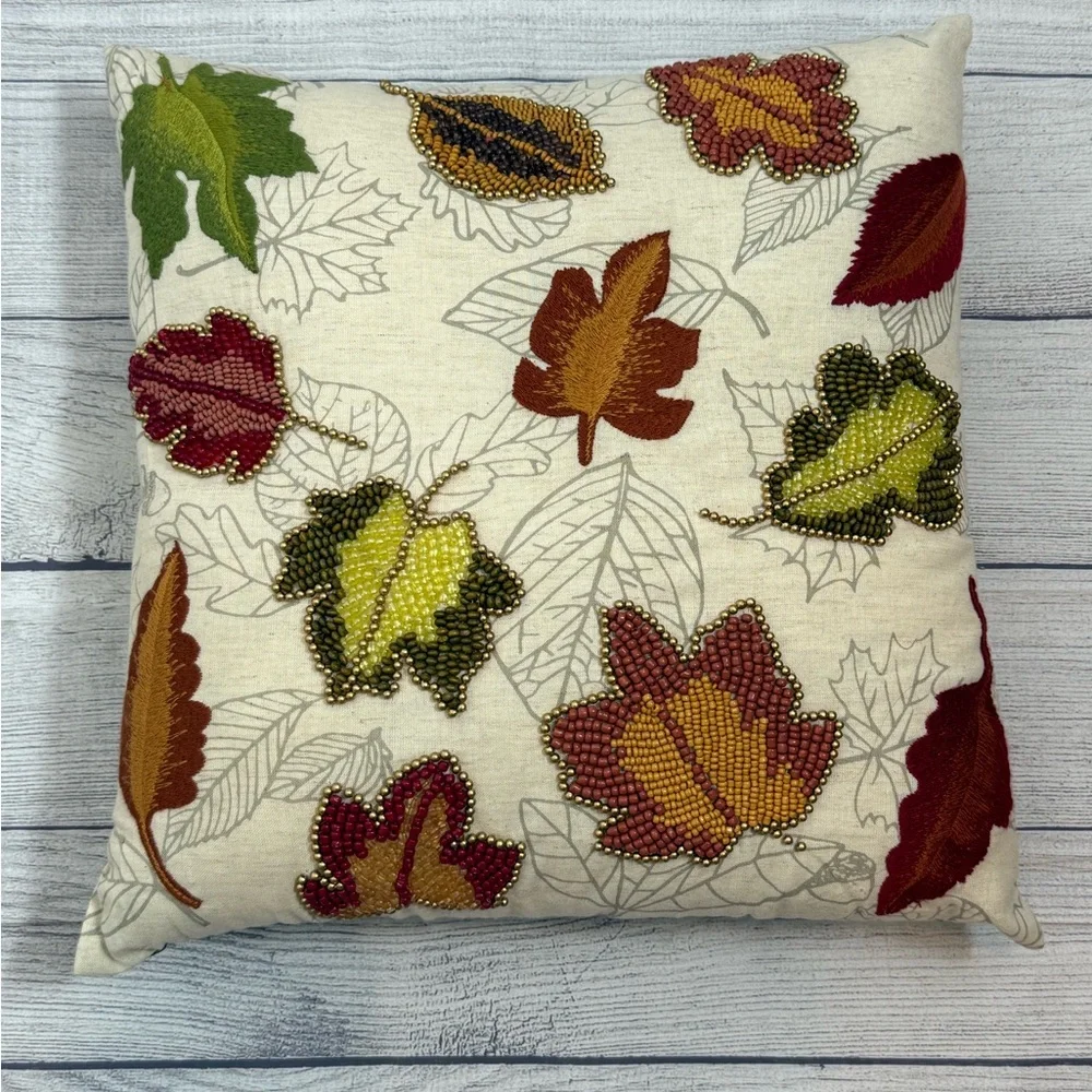Pier 1 Beaded Autumn Leaves Decorative Throw Pillow 16” Fall Harvest